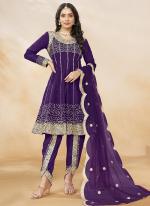 Art Silk Purple Wedding Wear Embroidery Work Readymade Afghani Suit